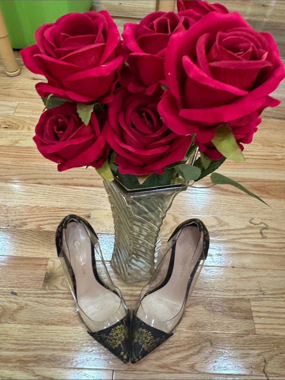 Gianvito Rossi Black & Gold Floral Pointed-Toe Clear-Panel Pumps